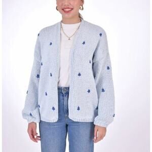 Fanm Mon Hand Knit HIRKA Embroidered Cotton Cardigan Sky Blue Women's Size M/L